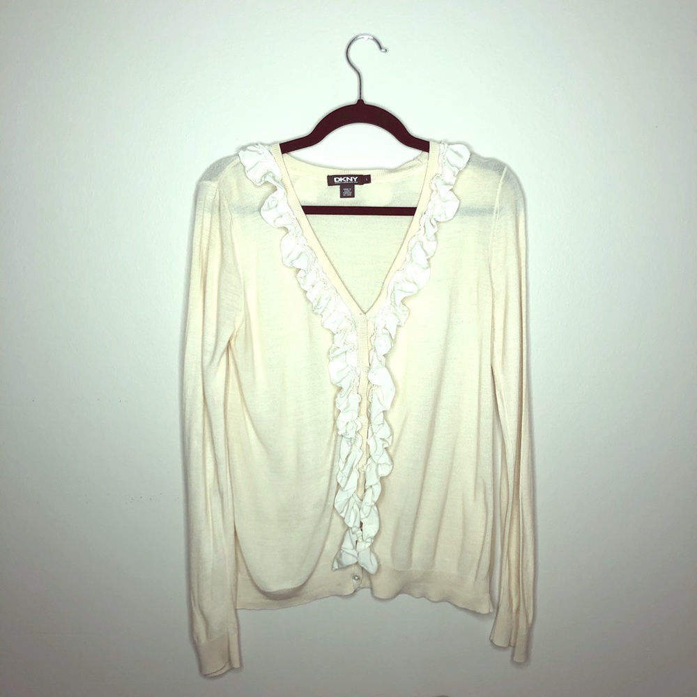 💍 DKNY Cream Cardigan with Ruffle Accent L